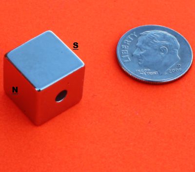 N52 1/2 Inch Cube w/hole perpendicular to Magnetized Neodymium Magnets