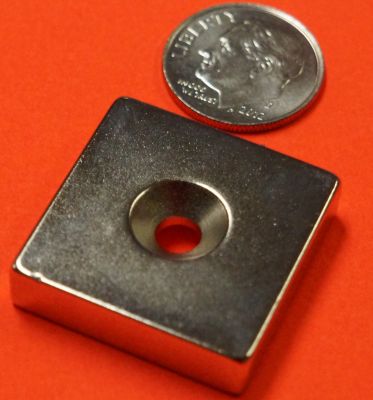 Neodymium Magnet 1 in x 1 in x 1/4 in w/#8 Dual Sided Countersunk Hole