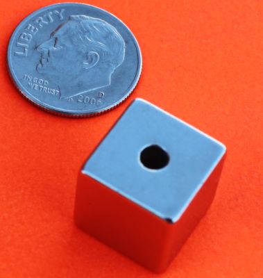 N52 1/2 Inch Cube w/Hole Parallel to Magnetization Rare Earth Magnets